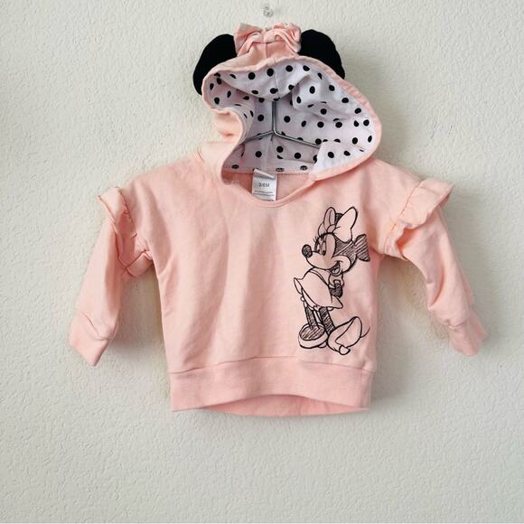 Disney Baby Minnie Mouse Bow Ears Pink Hoodie sweatshirt ruffle sleeve - Picture 1 of 5